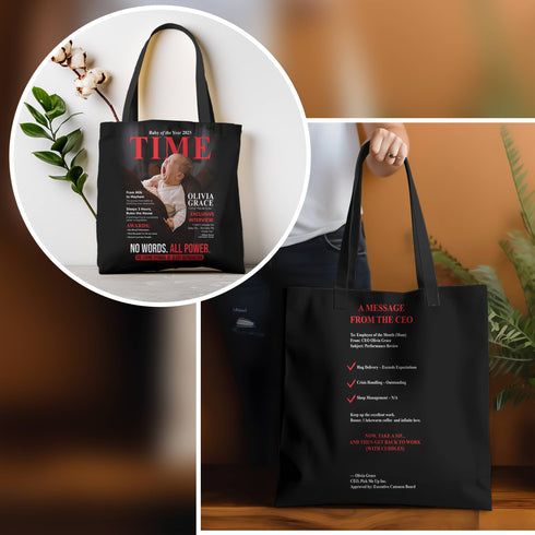 Personalized TIME Baby Magazine Tote Bag – Custom Photo, Name & Quote | Funny Gift for Mom